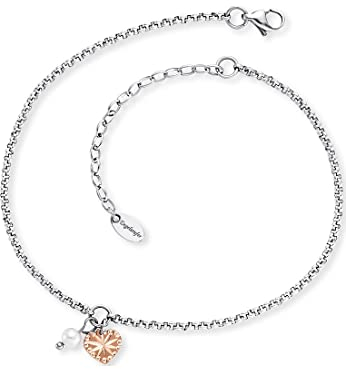 Engelsrufer Fußkettchen Herz mit Süßwasserperle für Damen, Edelstahl, Bicolor, silberfarben, Rosegold, verstellbare Länge, nickelfrei, Allergiker geeignet