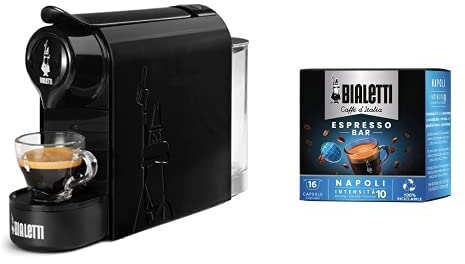 Bialetti Gioia, Macchina da Caffè Espresso per Capsule in Alluminio sistema Caffè d'Italia, Supercompatta, Nero + 32 CAPSULE