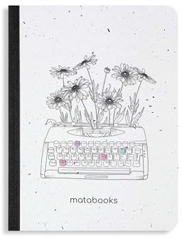 Matabooks, hållbara och veganska anteckningsböcker A6 av gräspapper, fröbok, 102 tomma sidor, natur, handgjorda, tillverkade i Tyskland (typewriter)