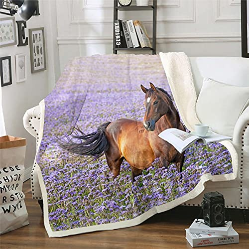 Homemissing 3d Horse Sherpa Blanket Lavender Galloping Horses Fleece Throw Blanket For Kids Boys Brown Wild Animal Plush Wildlife Farmhorse Farmhorse For Sofa Bed,Double 60x79 Inch