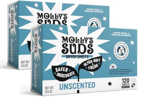 Molly's Suds sköljmedel torkblad för känslig hud, vegetabilisk statisk reducerare, plastfri förpackning, 2 stycken, luktfri (totalt 240 ark)