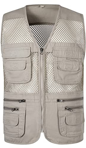 Yukirtiq Hommes Respirant Gilets de Pêche Veste sans Manches Multipoches Gilet de Photographie Zippé Gilet à séchage Rapide Gilet Camping Pêche Chasse, Beige, XXL