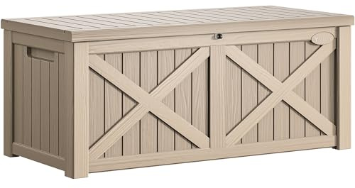 YITAHOME 150 Gallon Large Deck Box with X-Shaped Front, Resin Outdoor Storage Boxes, Waterproof Cushion Storage Bench for Patio, Pool Supplies, Garden Tools - Lockable, Taupe