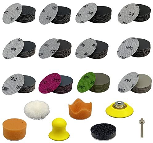 AutKerige Juego de 186 piezas de papel de lija de 50 mm de velcro, almohadillas de lijado en húmedo y seco, grano (80-5000) – Hojas de lija para lijadora orbital para pulir pintura de coche, metal y