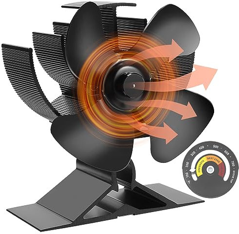 WYRJXYB 2023 Petit Ventilateur de Poêle à Bois Amélioré à 4 Pales Alimenté par la chaleur avec Thermomètre - Mini Ventilateur de Cheminées Silencieux pour Poêle à Bois/Gaz/Bûche/Poêle à Granulés