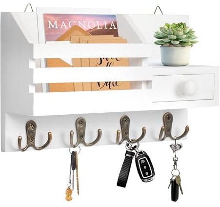 HOMEBROS Key Holder Wall Mount, Wooden Adhesive Mail and Key Organizer with Drawer, Small Shelf, 8 Hooks, 2 Installation Methods, White