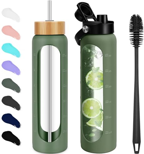 FULBEVY 32 oz Glass Water Bottles - 1 Liter Motivational Tumbler With Time Marker - Borosilicate Glass With Silicone Sleeve and 2 Lids, Handle Spout & Bamboo Straw Lid