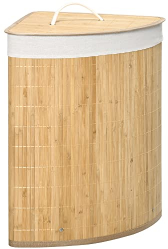 HOMCOM Cesto Portabiancheria con Coperchio, Cesto Portabiancheria Salvaspazio Triangolare, Materiale Bambù e Tessuto, Moderno, 38x38x57cm, Colore Legno