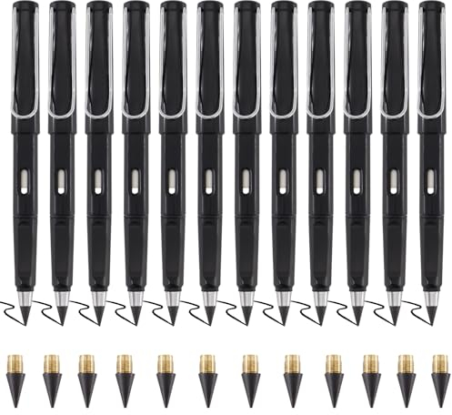 TOKSEO 12 Stück Ewiger Bleistift mit Radiergummi, Schwarz Ewigstix Bleistift, Tintenlose Bleistifte mit 12 Stück Ersatzspitzen,Dauerbleistift, Inkless Pen