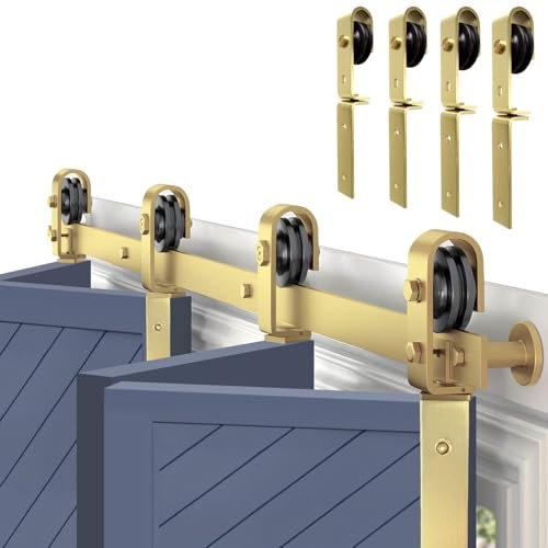 Rio Salto Gold Bifold Barn Door Hardware Kit 64 Closet — Contractor Grade Heavy Gauge Aluminum Sliding Bi Fold Track System for (4) 15 Panels, 4 Rollers with Matching Knobs (Hardware Only)