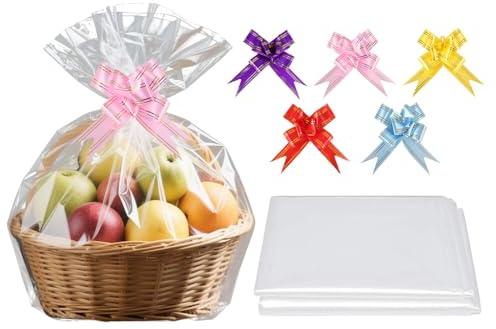 Hitopin Bolsas de celofán transparente, 75X100CM,Bolsas Celofan Transparente, Papel de Celofán Extra Grande, Bolsas Transparentes para Chuches, con 10 Lazos,para Bodas Cumpleaños(10PCS)