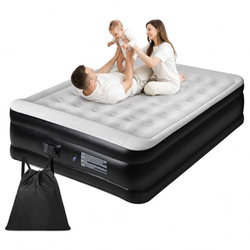Panana Matelas Gonflable 2 Personnes avec Pompe Intégrée, Lit Gonflable Double 203x152x47cm, Matelas d’Appoint avec Surface Floquée et Sac de Rangement pour Maison Camping Invités