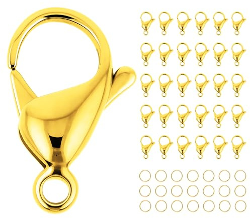 Mandala Crafts 15mm Gold Color Stainless Steel Lobster Clasps for Jewelry Making - 50 PCs SS Lobster Claw Clasps with Jump Rings Jewelry Findings Kit for Necklaces Bracelets Charms Fasteners