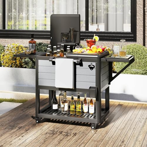 GOPLUS Mesa Nevera Jardin Exterior, 91 L Carrito Nevera Portatil con Ruedas, Estantes de Almacenamiento, Abridor de Botellas, Congelador para Jardín, Camping, Barbacoa, Picnic