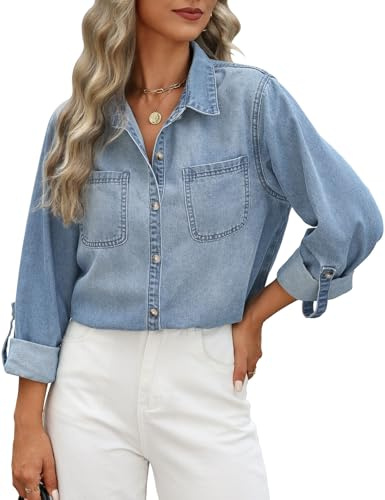 CMTOP Camicia Donna Camicetta Manica Lunga Loose Camicia Jeans Elegante Bottoni Scollo a V Tunica Blusa Basic Jacket Maglietta Primavera Autunno Giacca Shirt Top (Azzurro, XL)