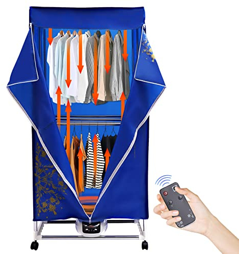 Tvättork elektrisk, bärbar garderob, torrmaskin med timer, dubbelt torrskåp med fjärrkontroll och hjul, för torkning av kläder, handdukar, jeans (blått + mönster)