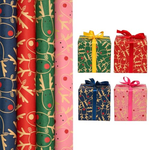 Papel de regalo kraft navideño: rollo de papel de regalo reciclable con diseño de alce festivo (4 rollos de 43 cm x 3 m)
