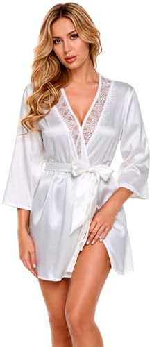 Bata Kimono de Mujer de Satén Albornoz Sexy con Escote V de Encaje Bata de Mañana Manga 3/4 para Novia/Dama de Honor Camisón Corto de Noche Cómodo Bata de Lencería con Cinturón
