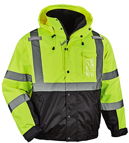 High Visibility Reflective Winter Bomber Jacket, Black Bottom, Zip Out Fleece Liner, ANSI Compliant, Ergodyne GloWear 8381