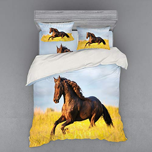 Ambesonne Horses Bedding Set, Friesian Horse with Mane Gallops in Meadow Mystery Vitality Horse, 4 Piece Duvet Cover Set with Shams and Fitted Sheet, Queen Size, Yellow Brown Blue
