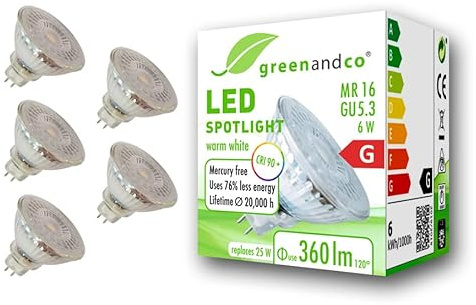 5x greenandco CRI 90+ 3000K 110° LED-spot ersätter 25W GU5.3 MR16 halogenstrålkastare, 6W 360lm varmvit 12V AC/DC, flimmerfri, inte dimbar