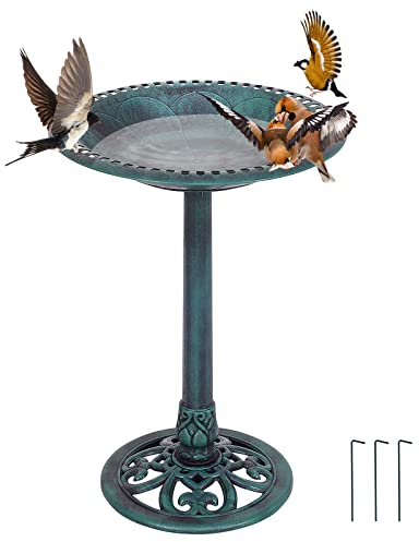 COSTWAY Abreuvoir Oiseaux Extérieur Plateau Dia.50 cm, Mangeoire Oiseaux Hauteur 72CM, Bain d'oiseaux sur Pied, Design Antique (Bronze Vert)