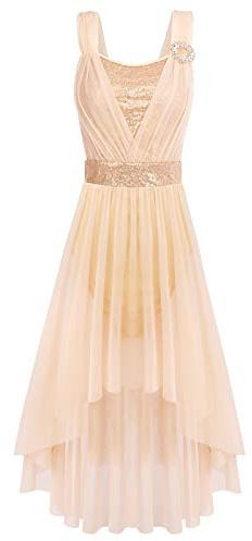 Women Lyrical Dance Costumes Sleeveless Sling Sequins Flowy High Low Tulle Tutu Skirts Adult Ballet Leotard Gymnastics Bodysuit Dress Latin Salsa Modern Contemporary Ballerina Dancewear Champagne XS