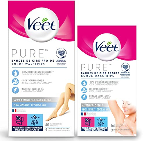 Veet PURE - Lot de 40 Bandes Corps & Jambes et 16 Bandes de cire froide Aisselles - Peaux Sensibles - Recommandés par les Dermatologues - Epilation Longue Durée