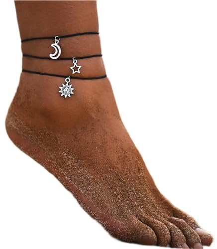 TseenYi Boho strand skiktat rep vristlänk armband stjärna måne sol vattentätt rep vristlänk handgjorda fotsmycken för kvinnor och flickor (svart 3 stycken)