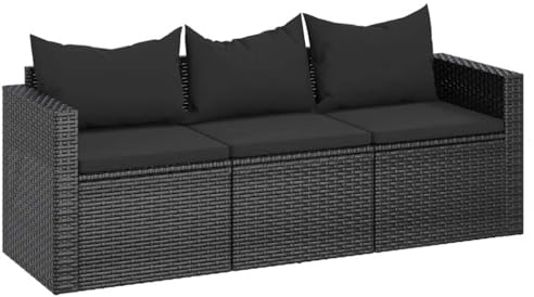 vidaXL Divano da Giardino a 3 Posti con Cuscini Nero in Polyrattan