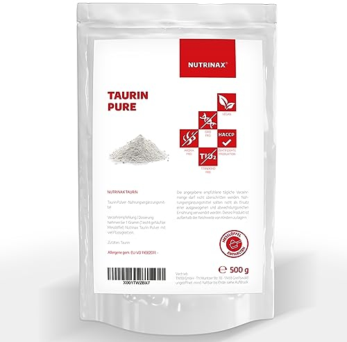NUTRINAX Taurin Pulver | Aminosäure | hochdosiert | 500g reines L-Taurin | vegan | ohne Zusatzstoffe | im praktischen Zip-Beutel