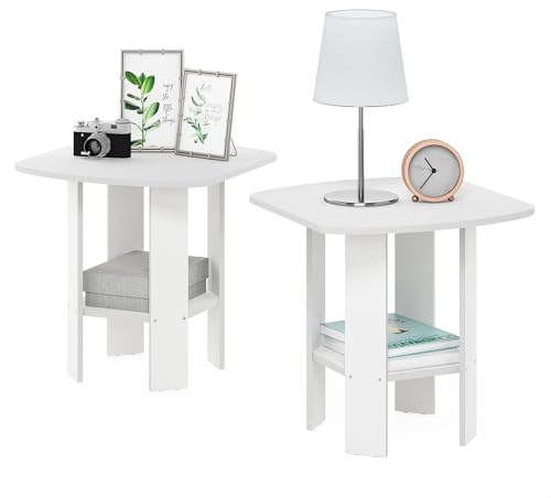 Furinno SIMPLE DESIGN Side Table Set of 2, 2-Tier End Table, Open Shelves Night Stand, Bedside Table, for Living Room, Bedroom, White