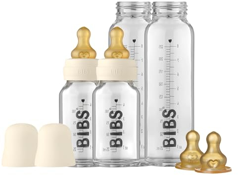 BIBS Glasflaschen Starter-Set - 4 Flaschen, 110 ml und 225 ml | Anti-Kolik-Design, Belüftete Sauger, Natürlicher Übergang von Brust zu Flasche | Laborqualität Borosilikatglas, Starter Kit, Ivory