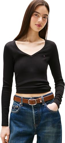 Tommy Jeans T-Shirt Manches Longues Femme Slim Fit Essential V-Neck Col en V, Noir (Black), M