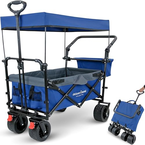 deluxe4home® Bollerwagen Faltbar mit Dach Blau/Grau I Mit 360° Reifen & Bremsen I Handwagen Transportwagen 100L I Campingwagen Trolley bis 120kg I Drehbarer Griff