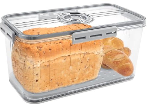 Bread Bin Airtight Bread Bins for Kitchen Counter, Time Recording Bread Box with Lid, Plastic Bread Keeper with Air Valve Bread Loaf Keeper for Bun Bagel Sandwich
