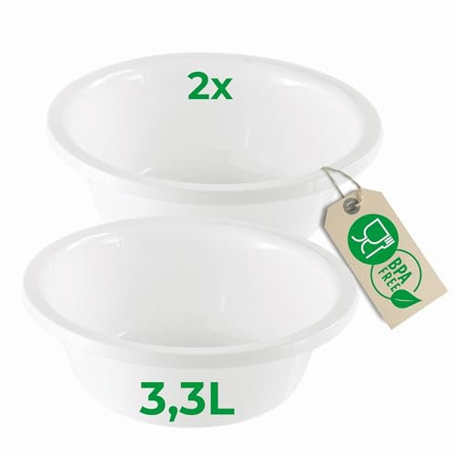 Novaliv 2 cuencos redondos de 3,3 L, diámetro de 28 cm, color blanco, sin BPA, aptos para lavavajillas, ideal para cocina y camping, cuenco redondo, cuenco redondo de plástico, cuenco de plástico