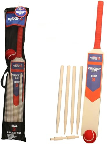 Set da cricket A2Z per bambini, taglia 3, con paletta in legno/stumpen/stecche e palla morbida, set di gioco sportivo all'aperto attivo con borsa da rete, 4 pezzi