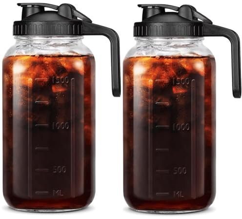 Jarra de jugo de jarro de 2 piezas de 2 piezas de 64 oz, jarra de vidrio a prueba de fugas con tapa y pico para la cerveza fría té café leche materna