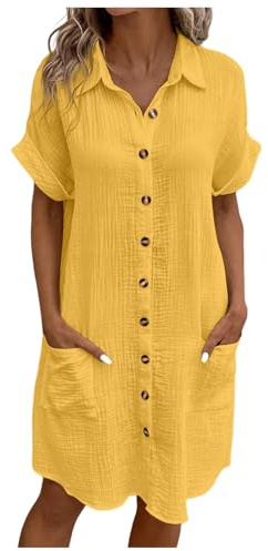 NAFING Robe De Plage Femme Coton Lin Couleur Unie Grande Taille Tunique Robe Longue Femme Ete Col en V Tunique avec Boutons Longue Élégante Mi-Longue Robes Lin pour Plage