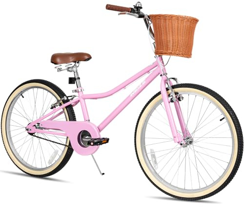 WEIZE Girls Bike for 8-14 Years Old, 24 Inch Kids Bike with Basket and Kickstand, Retro Style Childrens Bicycle for Teen Girls, Lightweight Steel Frame, Pink