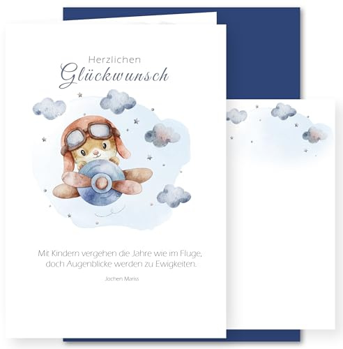 E&G Klasse Geburtskarte zur Geburt Klappkarte A6 mit Umschlag Babykarte Junge Mädchen Spruch Bär Hase Flugzeug blau Geschenk Neugeborenes Baby Willkommenskarte Newborn (Hase mit Flugzeug)