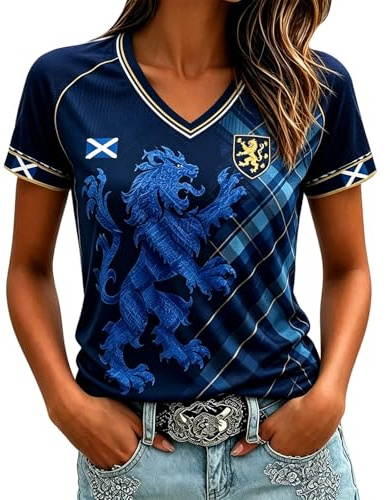 Skottland fotboll toppar kvinnor 2026 VM skjortor grafiska tryckta sport träningströjor lätt andningsbar England fotboll skjorta kortärmad v-hals damer fotboll t-shirt Skottland tröjor, 03 #mörkblå