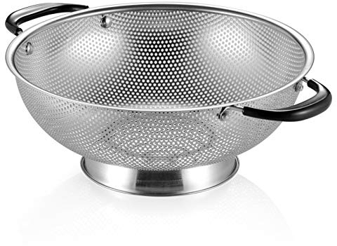 18/8 Edelstahlsieb, Leicht zu Greifen Mikroperforiertes 5-Quart-Sieb Ø 28 cm, Sieb mit Genieteten & Hitzebeständigen Griffen, BPA-frei, LFGB-Zugelassen. Ideal für Nudeln Pasta Gemüse und Obst