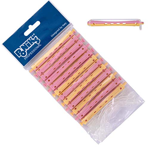 Ponik's Bigudíes para ondas permanentes, 8 mm, 12 unidades, con gomas redondas, color rosa y amarillo