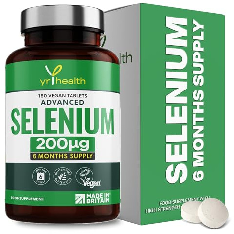 Selenium 200mcg Tablets - 180 Vegan Society Registered Pills, for Thyroid and Immune Health, Hair, Skin and Nails - 6 Month Supply Tablets Not Capsules - Made in The UK by YrHealth