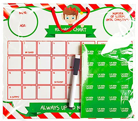 Vision4ever Behaviour Reward Chart Elf Christmas Stickers Pen Santa Board Dry Wipe Nice