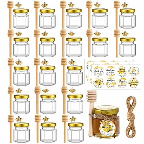 Eidoct Lot de 20 mini bocaux à miel hexagonaux en verre de 42.5 g avec cuillère en bois, couvercles dorés, pendentifs abeille dorés, jutes, autocollants abeille, mariage, cadeaux de fête (20)