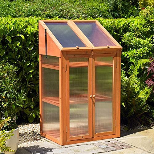 GBS Large 3 Tier Wooden Transparent Garden Green House Slated Shelves Indoor Outdoor For Growing Flowers,Plants, Growth Cold Frame House Double Door and Lockable lid (3 Tier Greenhouse Natural)