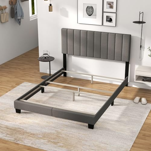 Giantex Queen Size Platform Bed Frame, Box Spring Needed, Modern Upholstered Mattress Foundation with Linen Fabric Headboard, Solid Wood Legs, No Slatted Bed Frame for Adjustable Bed Base, Gray